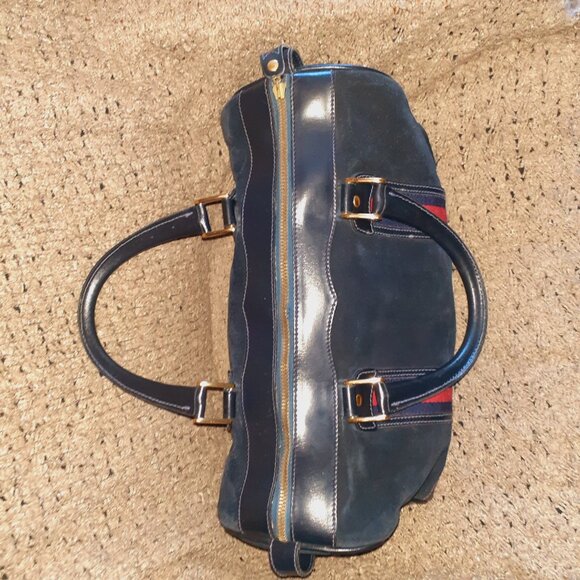 Vintage GUCCI-Boston Bag Shelly Line Black/DK Navy Suede/Leather-Satchel-EX - Picture 8 of 12